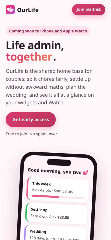 OurLife waitlist page on a phone: Life admin, together.
